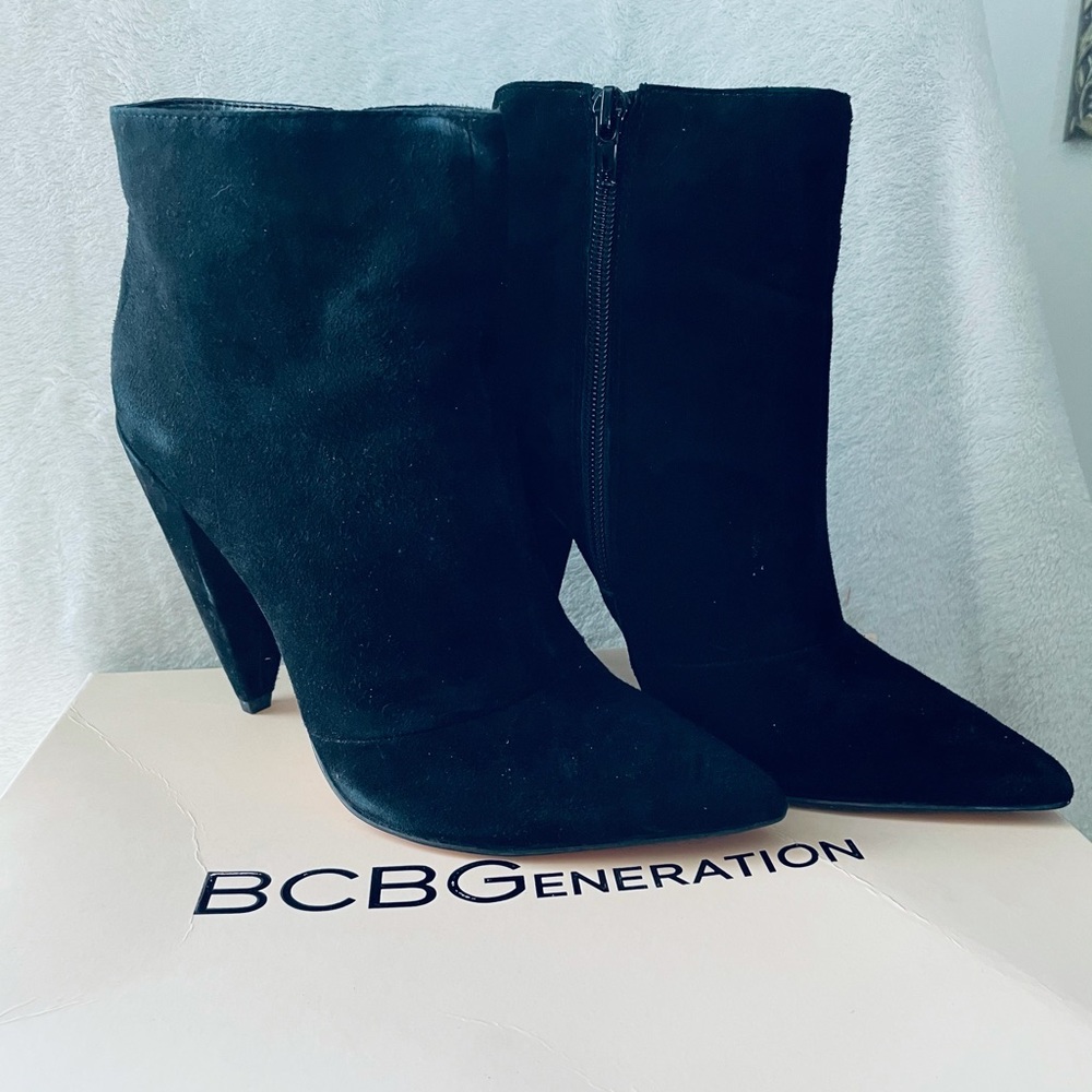 BCBG Jayden Suede Tapered Heel Booties